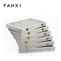 FANXI Jewellery Display Cases With Glass Lid For Ring Necklace Bracelet Linen Small Jewelry Storage Case