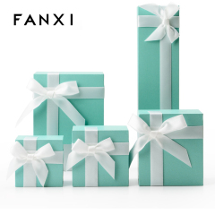 FANXI Custom Green Fancy Leatherette Paper Jewelry Boxes With Beige Velvet Insert And White Ribbon Plastic Packaging Jewellery Box