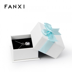 FANXI Custom Logo White Pink Cardboard leatherette paper Gift Boxes With Ribbon For Ring Pendant Necklace Packaging Jewelry Packing Fancy Paper box