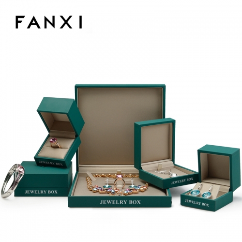 FANXI Plastic Gift Boxes With Silk Insert For Ring Necklace Bracelet Packaging Green Fancy Leatherette paper Luxury Custom Jewelry Box