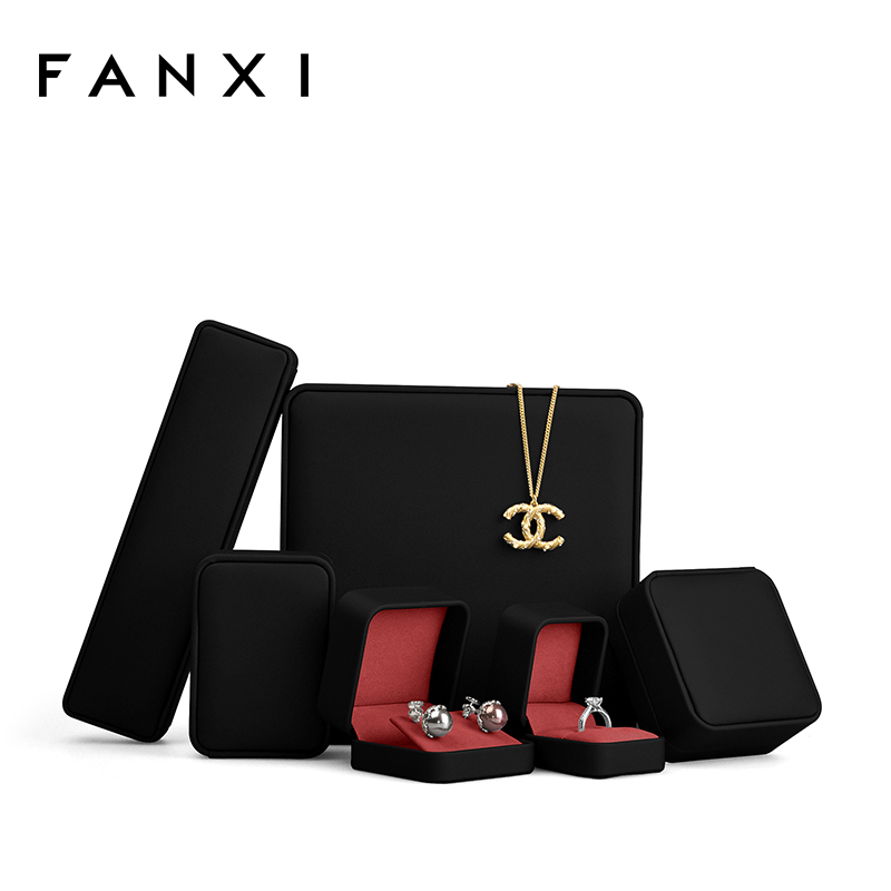Black PU leather jewelry packing box with red microfiber inside