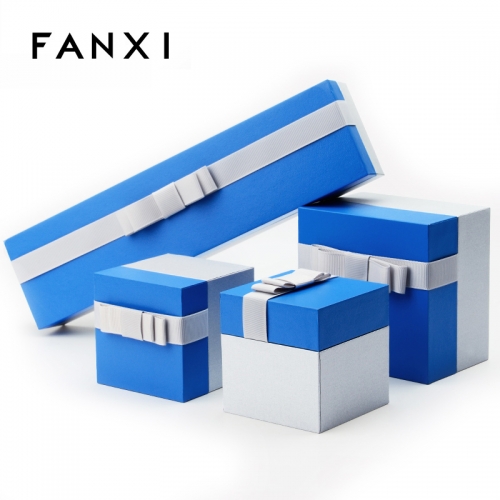 FANXI Elegent Custom Logo Blue Color Leatherette Paper Jewelry Box With Velvet Insert Gift Boxes For Jewellery