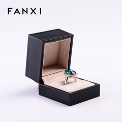 FANXI Wholesale Luxury Custom Logo Emboss Gift Jewelry Boxes For Engagement Black PU Leather Wedding Ring Boxes