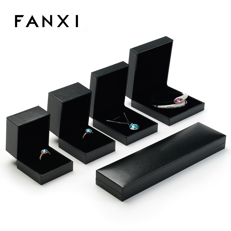 FANXI Wholesale Custom Logo Plastic Jewellery Packing Boxes For Ring  Bracelet And Necklace Packaging Black Leatherette