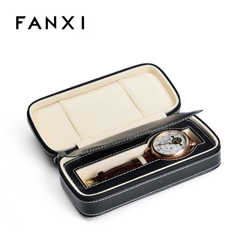 FANXI Wholesale Custom Luxury Leather Jewelry Travel Organizer With Sewing And beige Velvet Insert Black Genuine Leather Watch Case