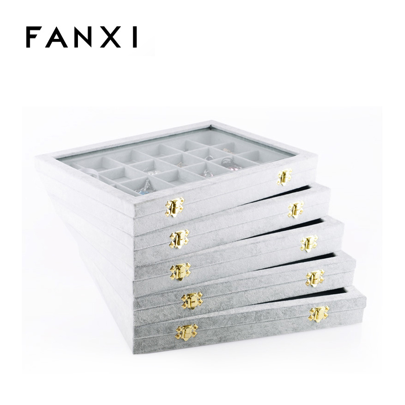 FANXI Wholesale custom factory Wood jewellery storage box ring earrings bangle display gray Ice velvet jewelry Display case