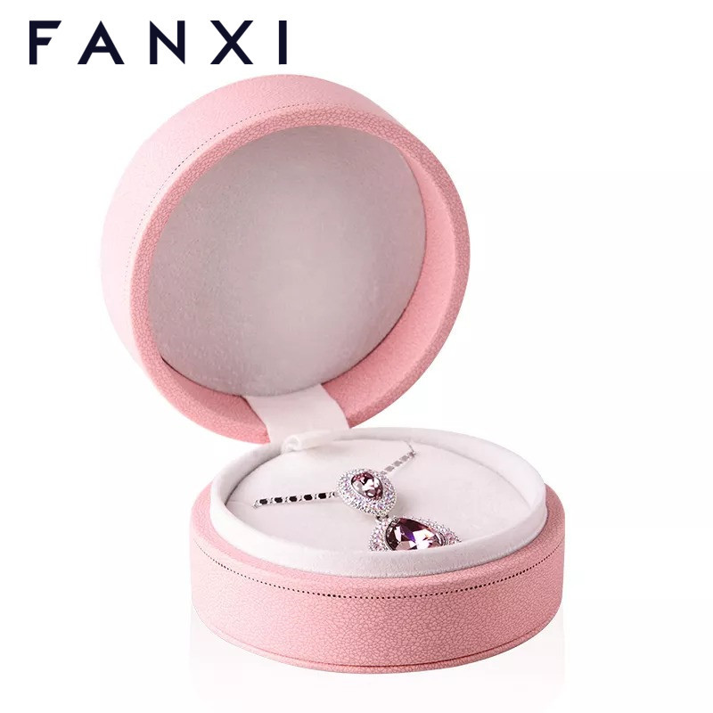 FANXI Custom Plastic Jewelry Packaging Box With Velvet Insert For Ring And Necklace White And Pink Leather Round Jewelry Box