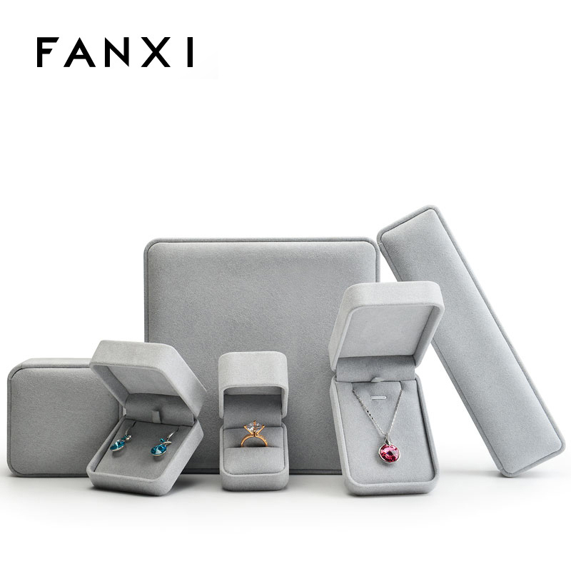 FANXI Wholesale Factory Price Jewellery Packaging Boxes For Ring Earrings Necklace Bangle Bracelet Gift Packing Luxury Gray Microfiber Jewelry Box