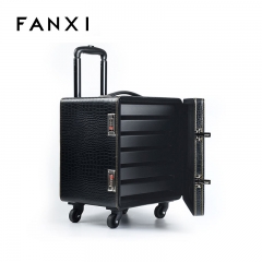 FANXI Custom Jewellery Storage Organzier Case With Jewelry Trays For Commercial Business Trip Luxury Black PU Leather Travel Jewelry Suitcase