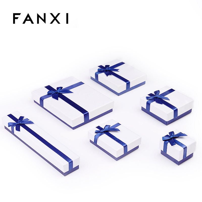 FANXI Custom Logo Cardboard Packing Boxes With Blue Ribbon And Foam Insert For Ring Necklace Bracelet Jewelry Set Gift Paper Box