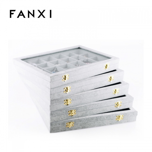 FANXI Wholesale Custom Factory MDF With Gray Velvet Jewellery Storage Box For Ring Earrings Necklace Display Jewelry Packaging Case