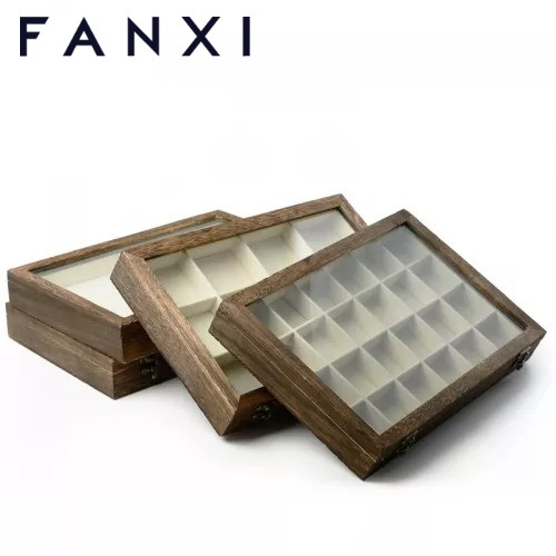 FANXI Custom Wood Box With Linen Insert For Ring Earrings Necklace Bracelet Storage Vintage Baking Wooden Jewelry Case
