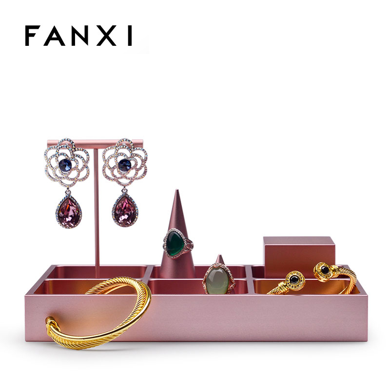 FANXI Custom Luxury Jewellery Display Holder Empty and six Grids Service Organizer Rose Gold Metal Jewelry Tray