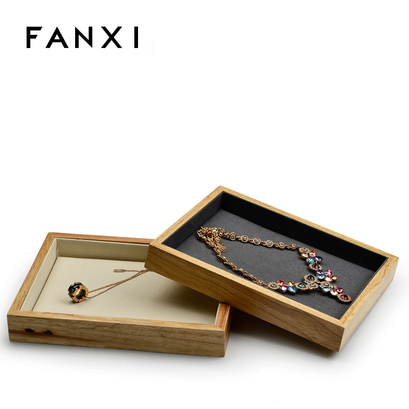 FANXI Beige And Gray Microfiber Jewellery Display Service Trays For Ring Necklace Bracelet Showcase Solid Wood Luxury Empty Jewelry Serving Tray