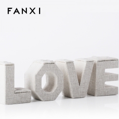FANXI Custom Love Shape Wood Ring Jewelry Display For Shop Counter And Window Showcase Beige Linen Ring Display Stand