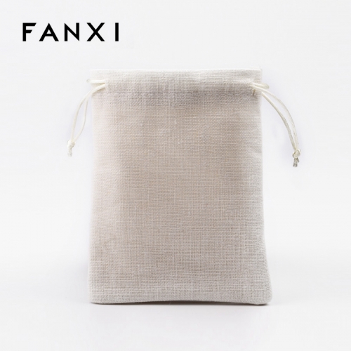 FANXI Wholesale OEM Jewelry Bag With Velvet Insert For Ring Necklace Bracelet Gift Custom Logo Beige Linen Jewellery Packaging Pouch