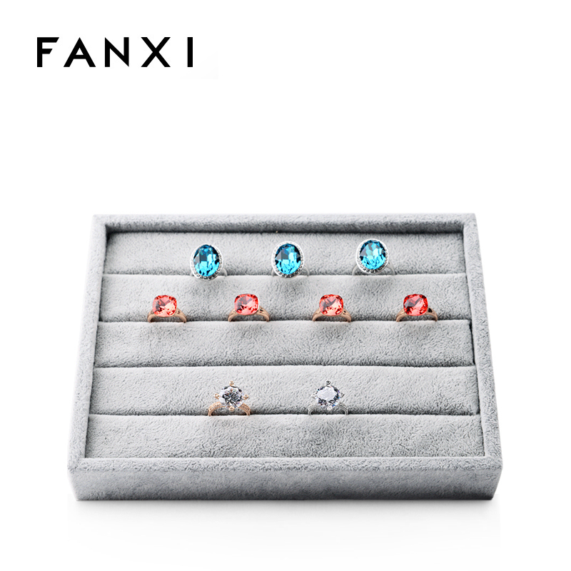 FANXI Custom high-capacity silver gray ice velvet counter service trays ring collected jewelry display tray