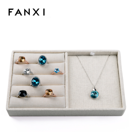 FANXI Custom Wood Jewelry Display Organizer For Ring And Necklace Beige Linen Jewelry Set Tray