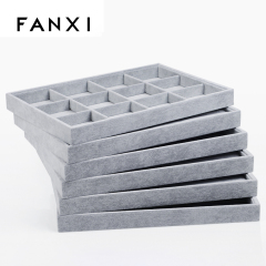 FANXI Wholesale Jewelry Shop Made By Wood And Gray Ice Velvet Ring Earring Pendant Bangle Jewelry Display Tray