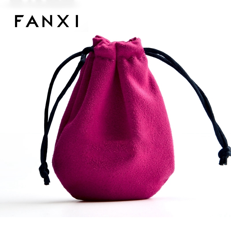 FANXI Custom Jewellery Pouch Bag For Ring Necklace Bracelet Packaging Drawstring Rose Red Suede Jewelry Pouch