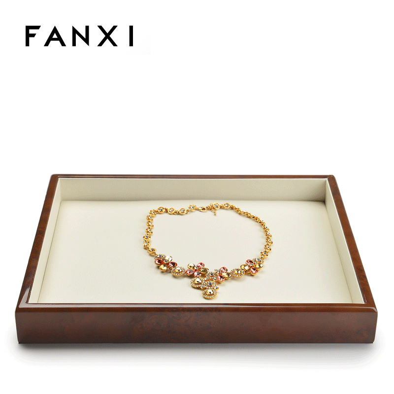 FANXI Custom Red Lacquer Jewellery Serving Tray With Beige Microfiber For Ring Necklace Bracelet Display Luxury Wooden Jewelry Tray