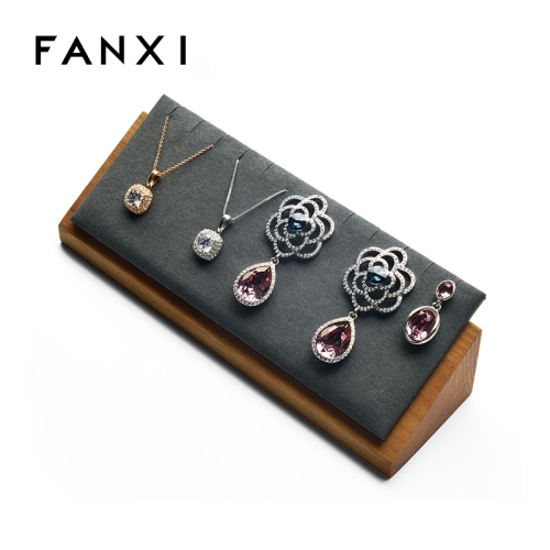 FANXI OEM Wholesale Beige Gray Microfiber Jewellery Holder For Necklace Pendant Earrings Natural Wood Jewelry display