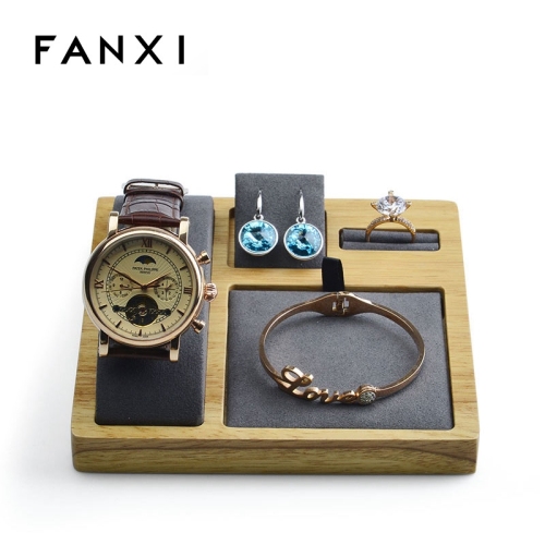 FANXI Luxury Beige And Gray Microfiber Jewellery Set Trays For Ring Earrings Bracelet Necklace Pendant Showcase Solid Wood Jewelry Display Tray
