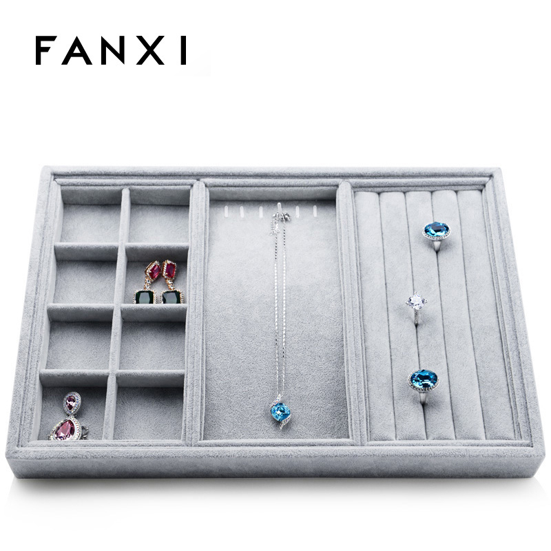 FANXI Fashionable Shop Counter Organizer 3 Free Trays Necklace Rings Holder Storage Velvet Jewelry Tray Set Counter Display Tray