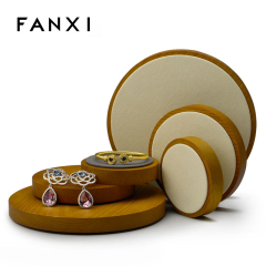 FANXI Elegant Soild Wood Microfiber Round Shape Jewelry Display Stand For Ring Earrings Necklace Holder Jewellery Board
