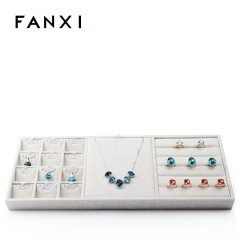 FANXI Custom Multifunctional jewellery Display Trays For Ring Necklace Pendants Showcase Beige Linen Jewelry Tray