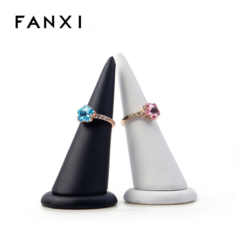 FANXI Custom Black And White PU Leather Jewelry Exhibitor Organizer For Jewellery Cone Ring Display Holder