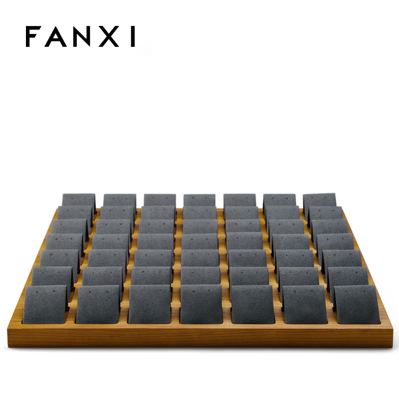 FANXI OEM Custom Luxury Big Jewelry Trays With Beige Gray Microfiber Insert For 49 Earrings Natural Wood Earring Display Tray