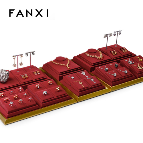 metal jewellery display tray with red leather