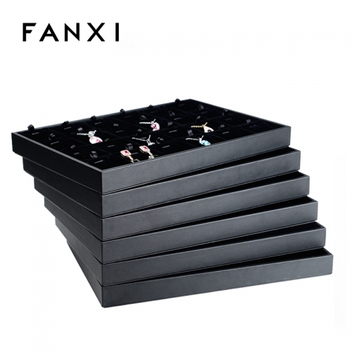 FANXI Wholesale Factory Custom Black PU Finger Ring Necklace Bangle Charms Storage Organizer Stackable black velvet Jewelry Tray