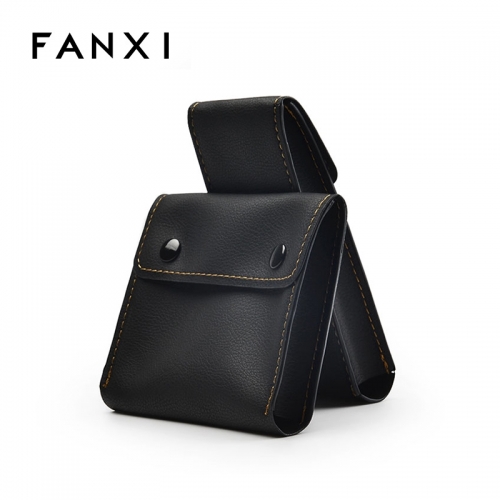 FANXI Custom PU jewelry Bag With Gold Sewing For Watch Shop Party Favors Double Button Black Luxury Leather Watch Pouch