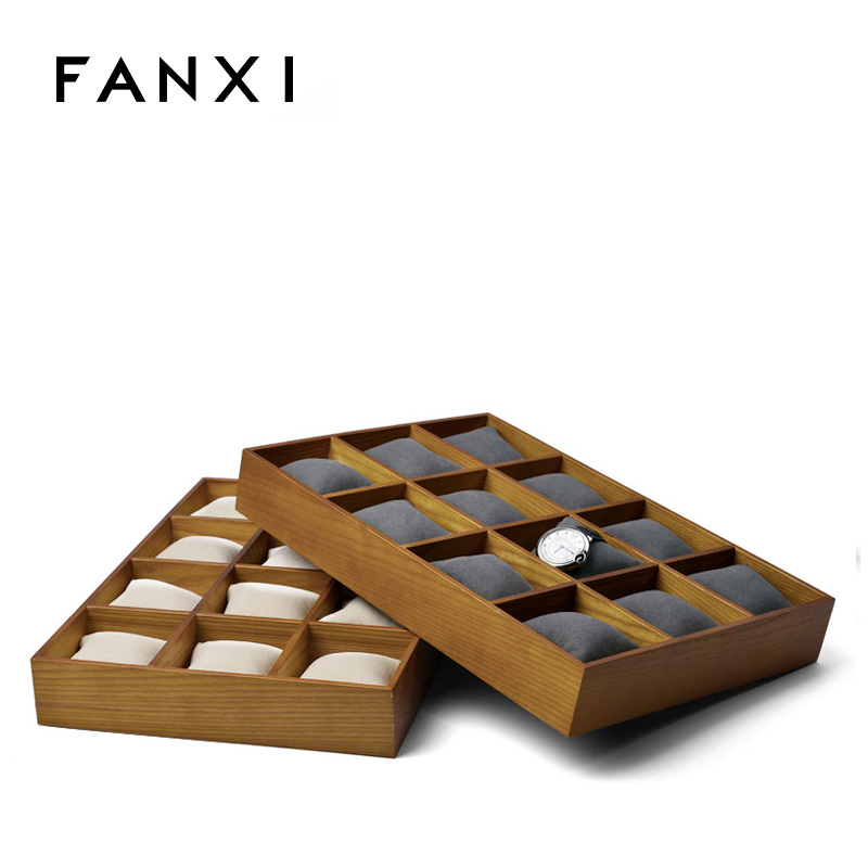 FANXI Custom OEM Jewelry Display Trays With Microfiber Pillow For Bangle Bracelet Showcase Solid Wood Watch Tray