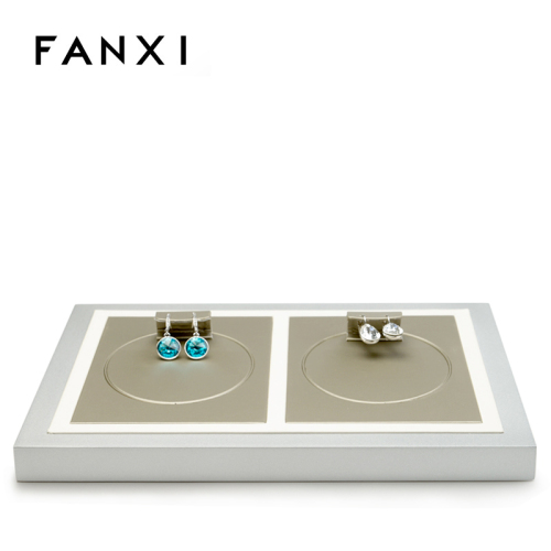 FANXI Custom Wooden Base Painted With Silver Lacquer For Ring Earrings Necklace Pendant Showcase Luxury PU Leather Jewelry Display Tray