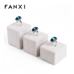 FANXI Custom Factory Beige Linen Jewelry Shop Counter Showcase Display Holder Wooden Ring Display Set