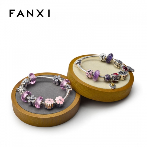 FANXI Custom Microfiber Jewellery Display Stand Holder For Ring Earrings Necklace Bangle Bracelet Exhibitor Solid Wood Round Jewelry Display Block