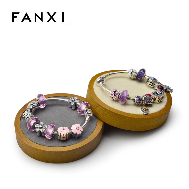 FANXI Custom Microfiber Jewellery Display Stand Holder For Ring Earrings Necklace Bangle Bracelet Exhibitor Solid Wood Round Jewelry Display Block