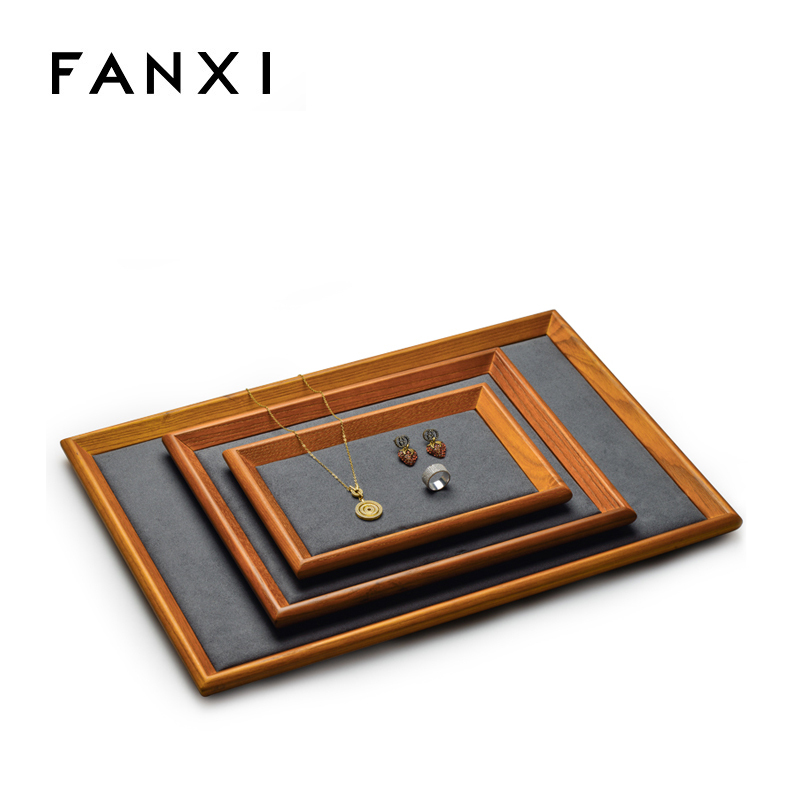 Stackable wooden jewellery display tray with microfiber