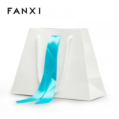 FANXI Wholesale Custom Logo White Paper Shopping Bags With Blue Ribbon And Cord For Jewelry Cosmetic Watch Cloth Gift Packaging Paper Bag