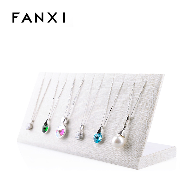 FANXI Custom Wood With Beige Linen Jewelry Display Holder For 6 Necklaces Linen Necklace Display