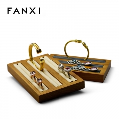 FANXI Custom Natural Wood Jewelry Shop Showcase Display Props With Micrifiber For Ring Earrings Samll Wooden Ring Display Tray