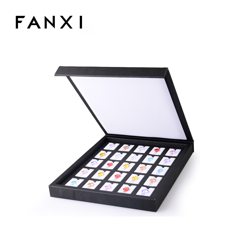 FANXI Wholesale factory custom stackable MDF wrapped with black and white PU leather jewellery case for loose diamond display trays