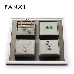 FANXI Custom Wooden Jewellery Display Trays For Ring Earrings Necklace Bangle Bracelet Exhibitor Organizer Luxury Metallic Gray Leather Jewelry Tray
