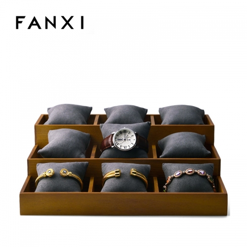 FANXI OEM Custom Solid Wood Jewellery Bangle Bracelet Exhibitor Trays With Microfiber Insert Watch Display Tray