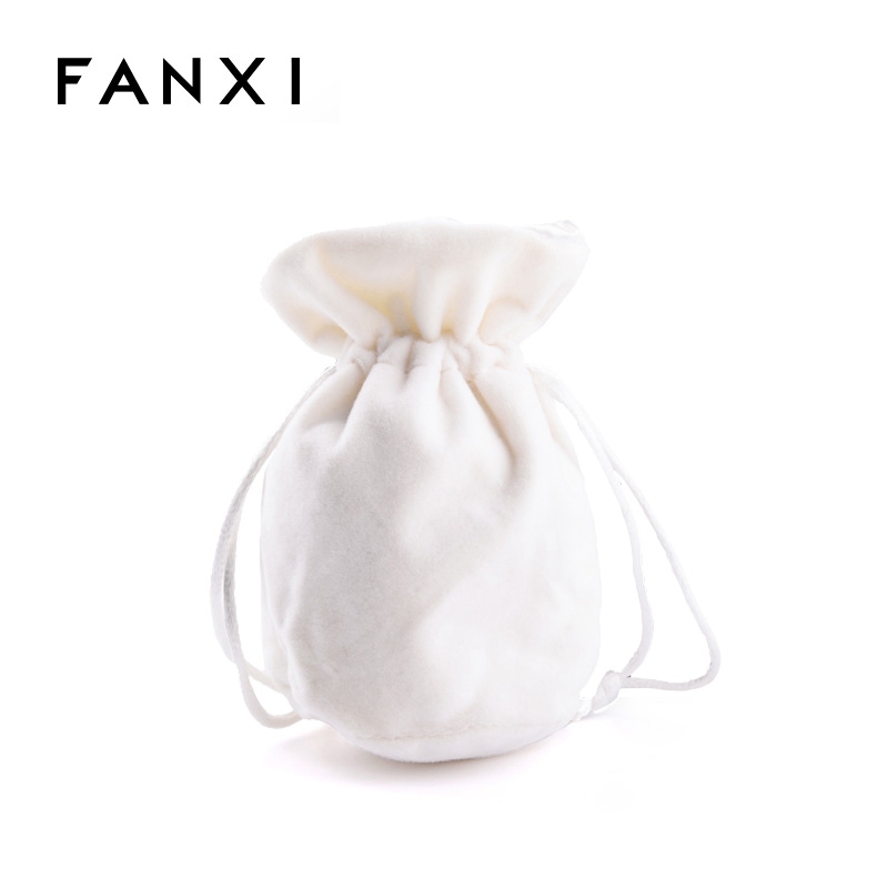 FANXI China Wholesale Custom logo black white Velvet Jewelry Drawstring Pouch Bag Round Bottom Gift Bags