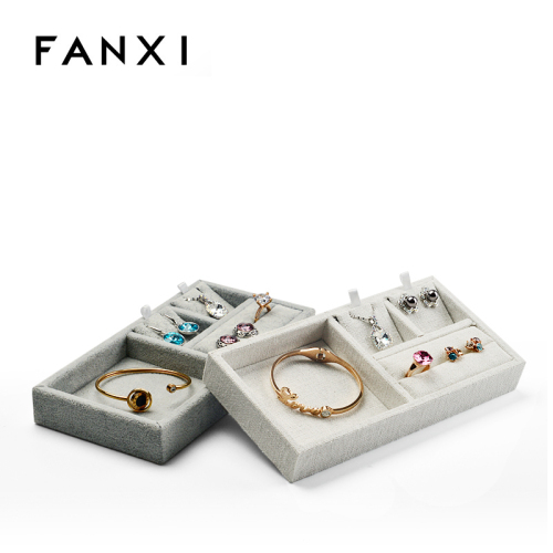 FANXI Custom Jewellery Exhibitor Organizer For Ring Earrings Necklace Bracelet Velvet And Linen Economic mutilfunctional Jewelry Display tray