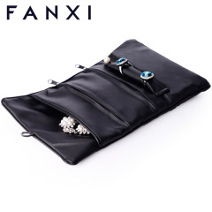 FANXI Wholesale Custom Black PU Jewellery Storage Bag For Ring Earrings Necklace Bracelet Bangle Packaging Travel Leather Jewelry Roll